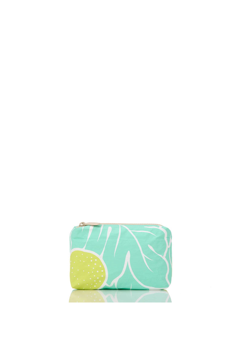 Green and white leaf-patterned pouch on a white background