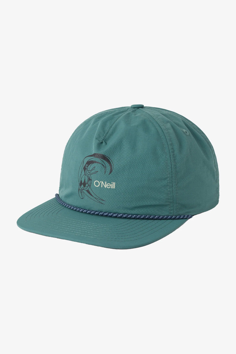 Teal cap with branding on a light gray background