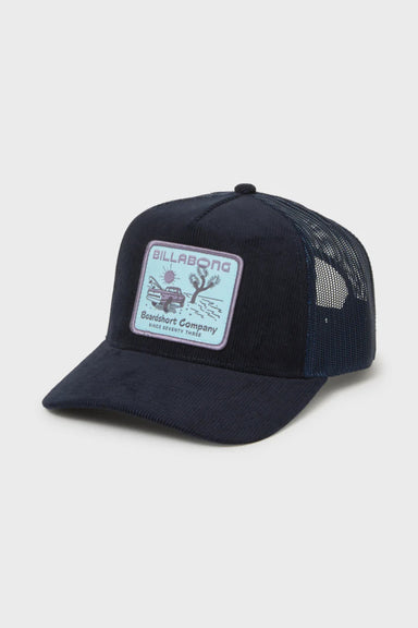 Navy blue cap with a visible brand logo on a light gray background