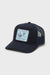 Navy blue cap with a visible brand logo on a light gray background