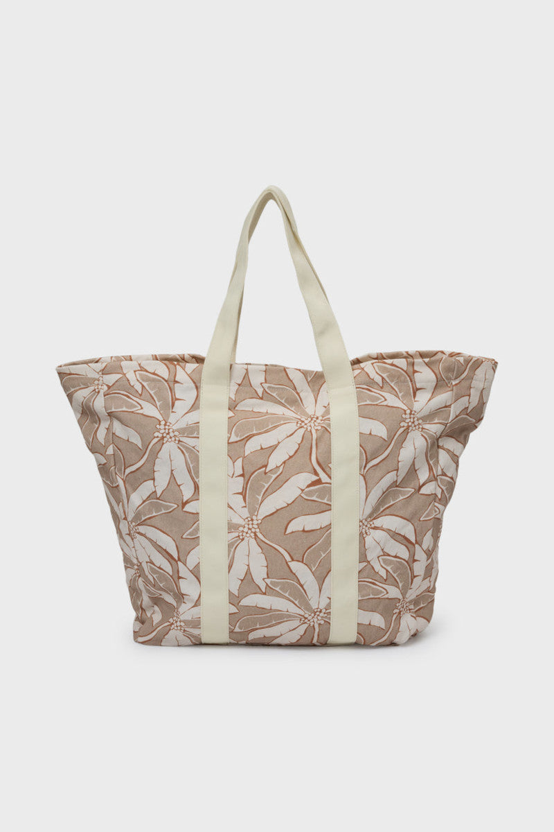 Beige tote bag with floral pattern on a white background