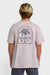 Back view of a man wearing a light purple t-shirt  with a large Billabong palm tree graphic.