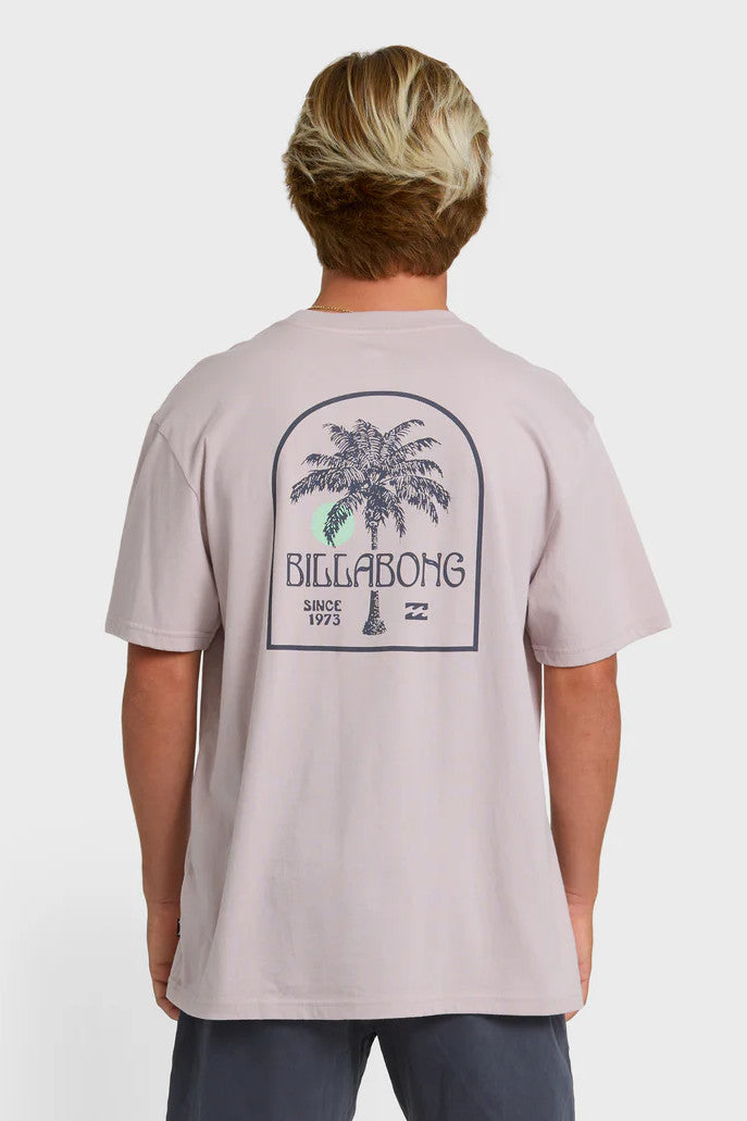 Back view of a man wearing a light purple t-shirt  with a large Billabong palm tree graphic.