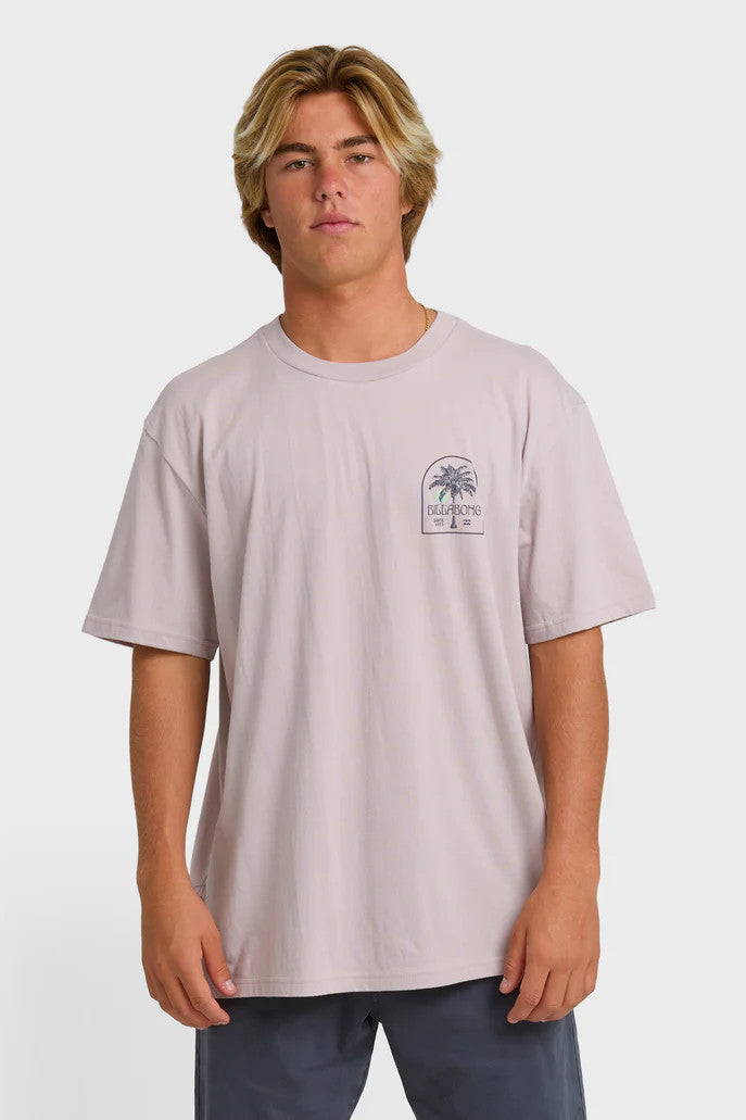 Man wearing a light purple t-shirt  with a chest Billabong palm tree graphic.