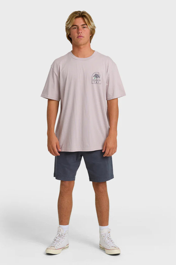 Man wearing a light purple t-shirt  with a chest Billabong palm tree graphic and navy shorts.