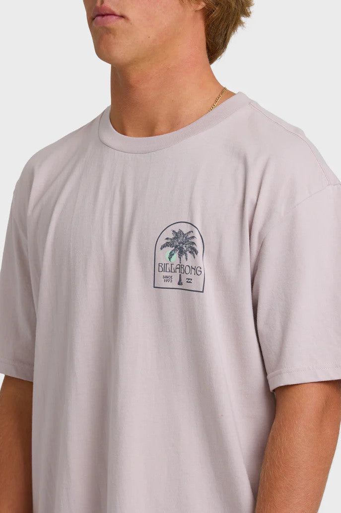 Man wearing a light purple t-shirt  with a chest Billabong palm tree graphic.