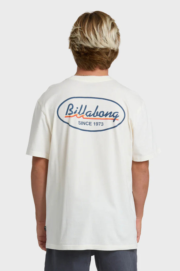 Person wearing a white t-shirt with Billabong logo on a white background