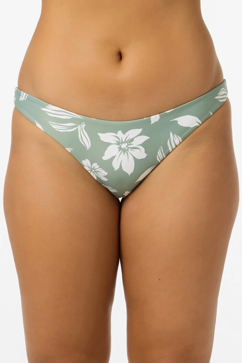 Green bikini bottom with white floral pattern on a white background