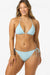 Woman wearing a light blue bikini set on a white background