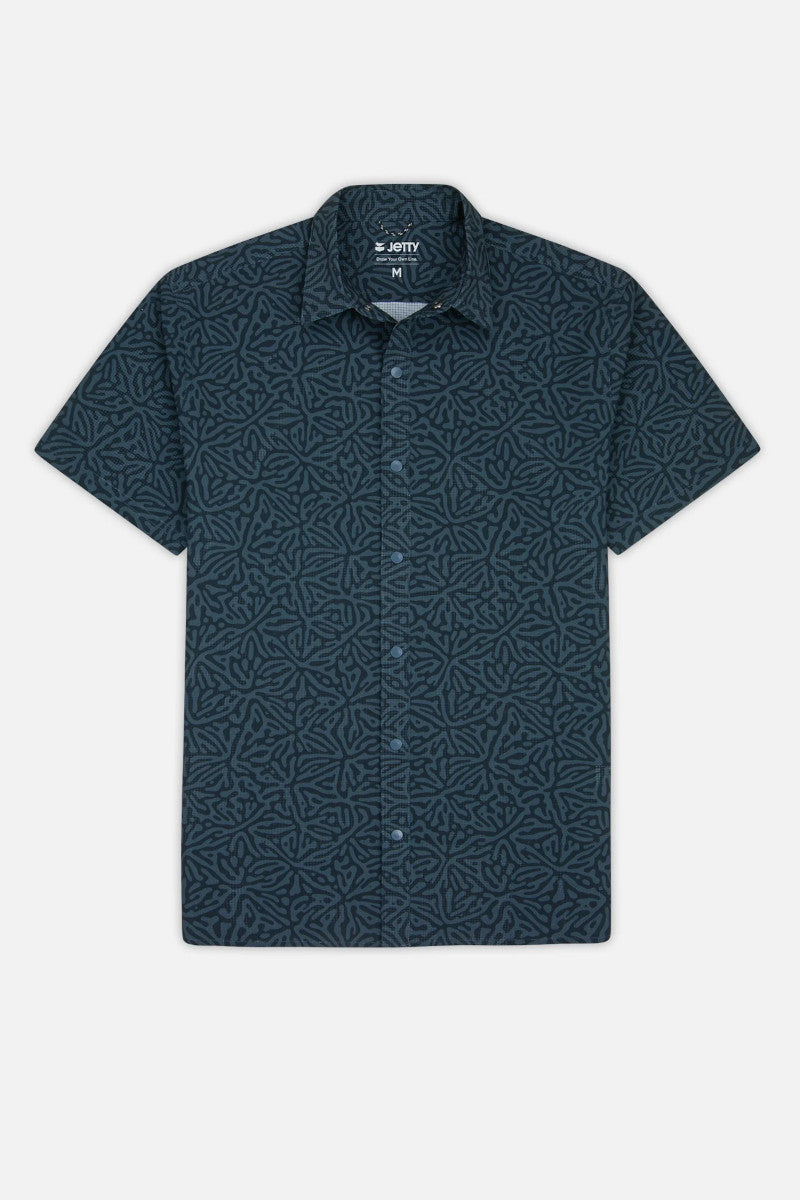 Short-sleeve shirt with geometric pattern on a white background