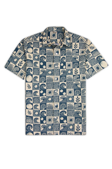 Short-sleeve shirt with a blue and beige geometric pattern on a white background