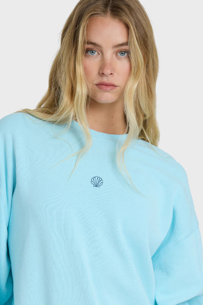 Person wearing a light blue sweatshirt with a small shell design on a plain background