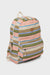 Cream, pink, blue, green, and khaki striped backpack on white background
