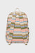 Back view of a cream, pink, blue, green, and khaki striped backpack on white background