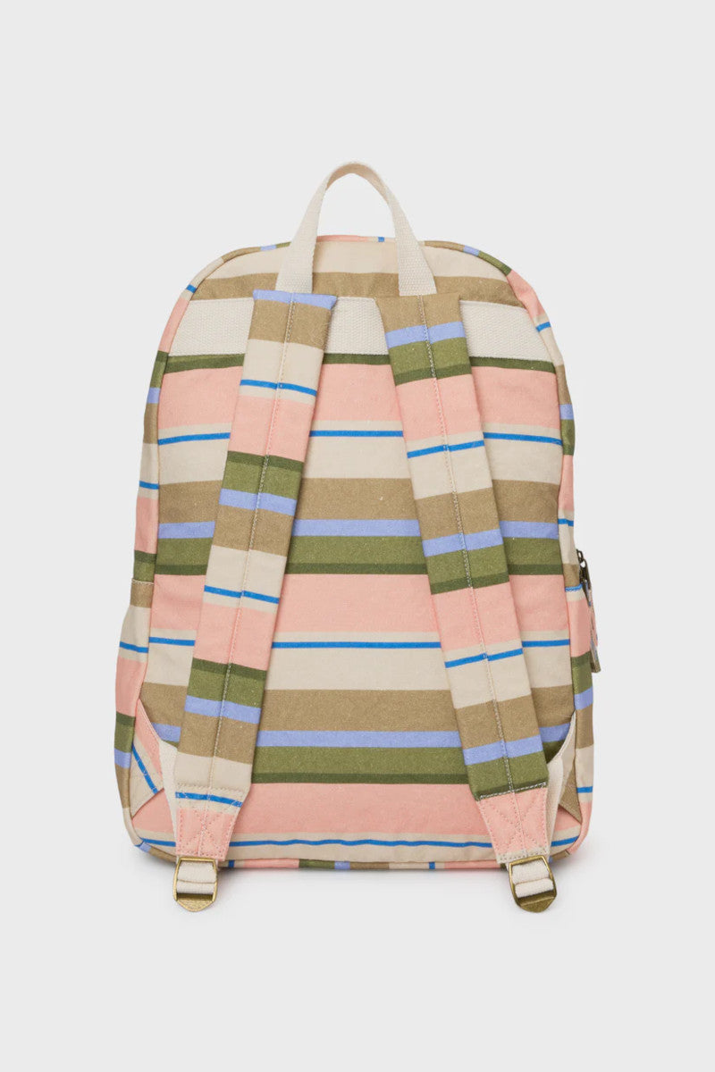 Back view of a cream, pink, blue, green, and khaki striped backpack on white background