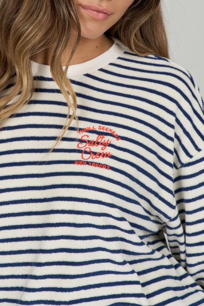 Navy and white striped sweatshirt with red text on a plain background. Text says "Salty Crew Thrill Seekers Risk Takers"