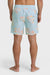 Back view of a man wearing light blue swim trunks with a yellow and orange oversized floral pattern and elastic waistband with drawstring on a white background