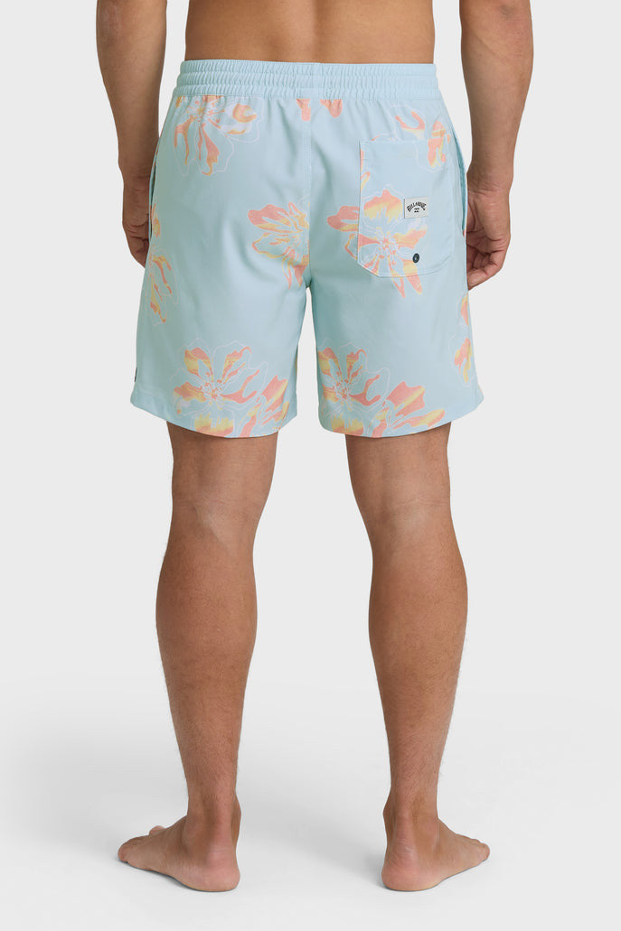 Back view of a man wearing light blue swim trunks with a yellow and orange oversized floral pattern and elastic waistband with drawstring on a white background