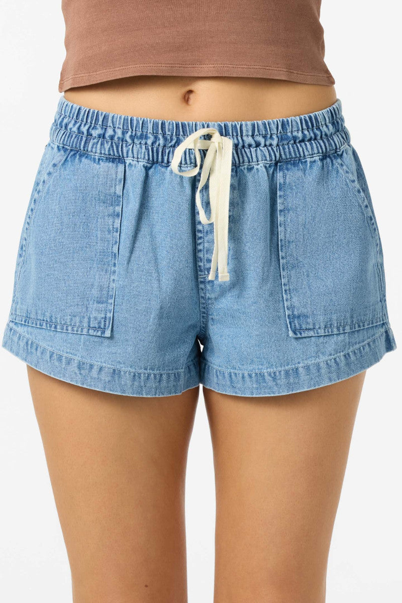 Blue denim shorts with a drawstring on a white background