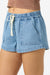 Blue denim shorts with a drawstring on a white background
