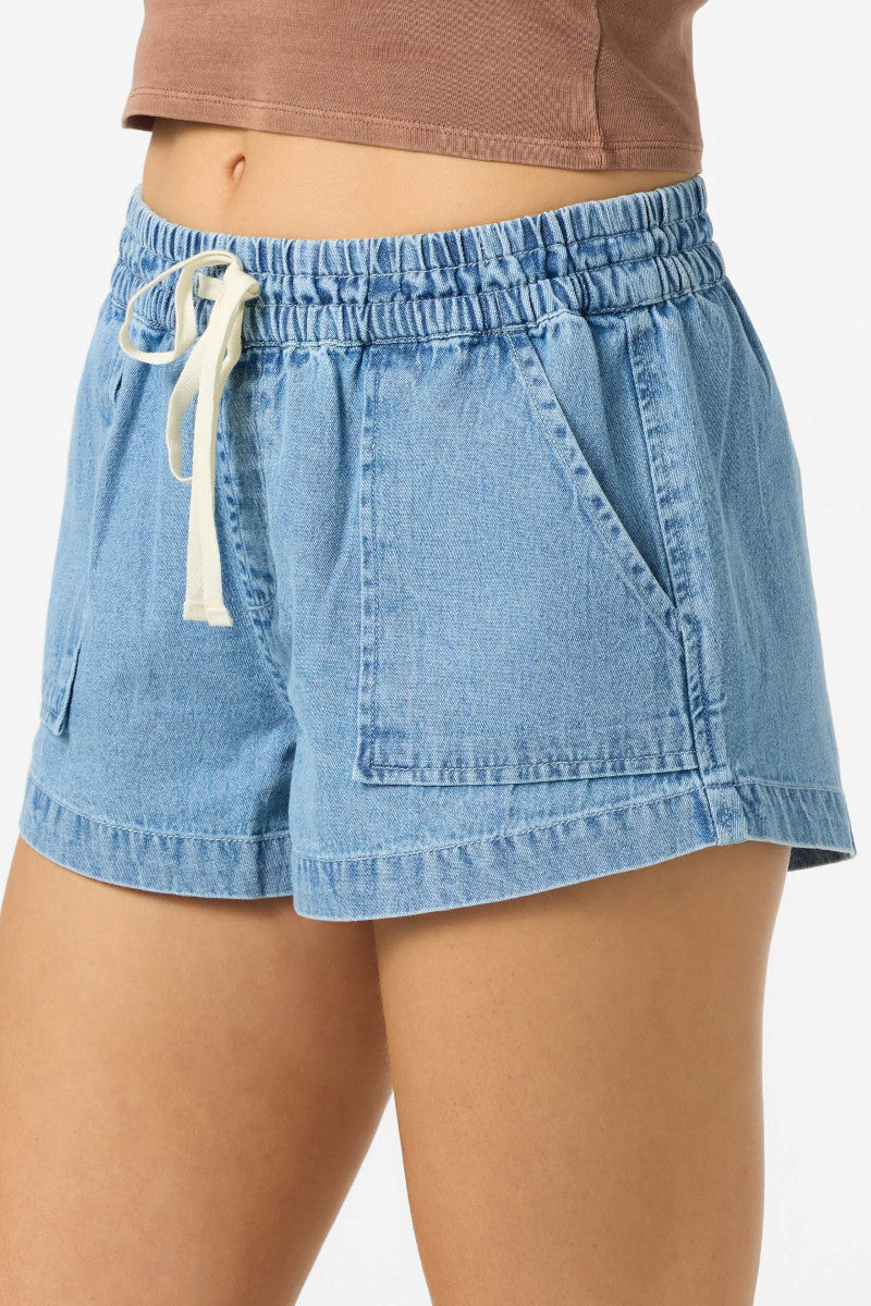 Blue denim shorts with a drawstring on a white background