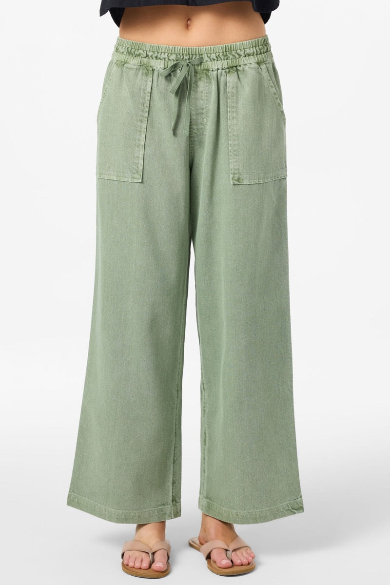 Green wide-leg pants with a tie waist on a white background