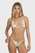 Woman wearing a colorful bikini set on a white background