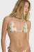 Woman wearing a colorful bikini with a white background
