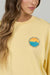 Yellow sweatshirt with a graphic design on a plain background