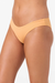 Orange bikini bottom worn by a person on a white background