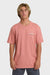 Person wearing a pink t-shirt with a logo on a white background