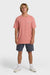 Person wearing a pink t-shirt and blue shorts on a white background
