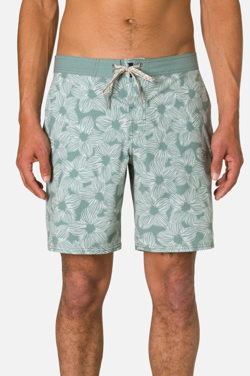 Blue-green floral shorts worn by a person on a white background