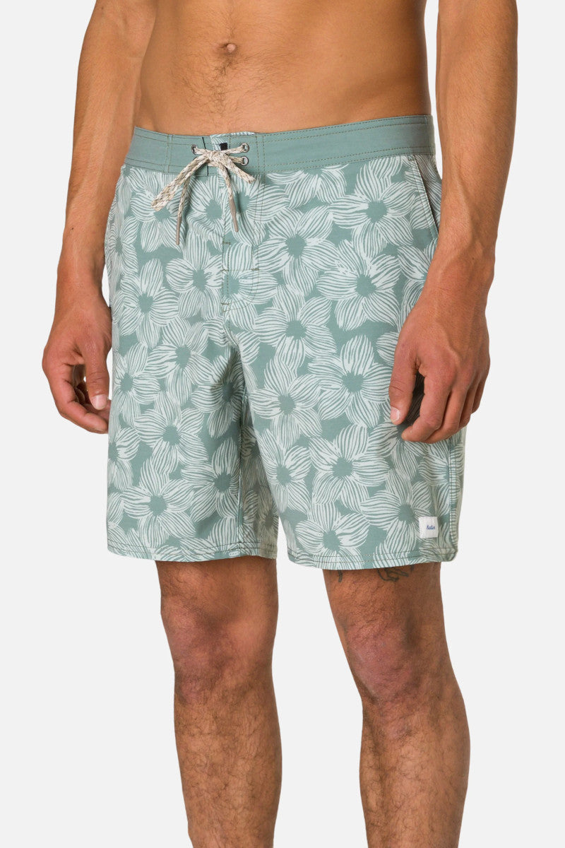 Person wearing blue-green floral-patterned shorts on a white background