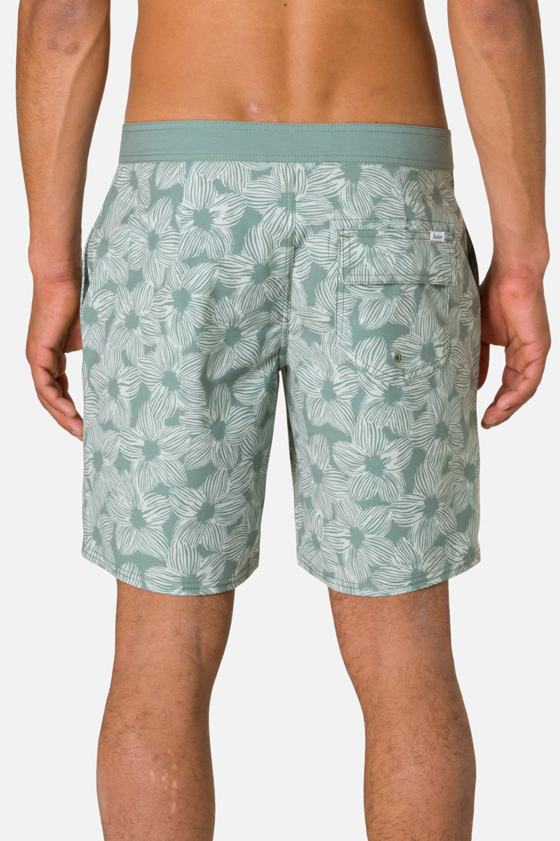 Blue-green floral shorts worn by a person on a white background