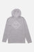 Gray hoodie with a logo on the back against a white background