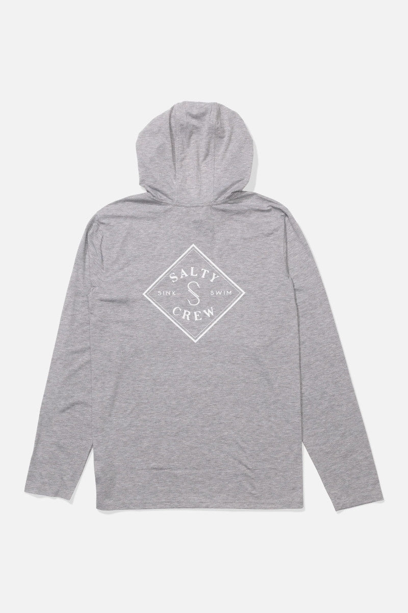 Gray hoodie with a logo on the back against a white background