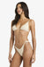 Woman wearing a beige bikini against a white background