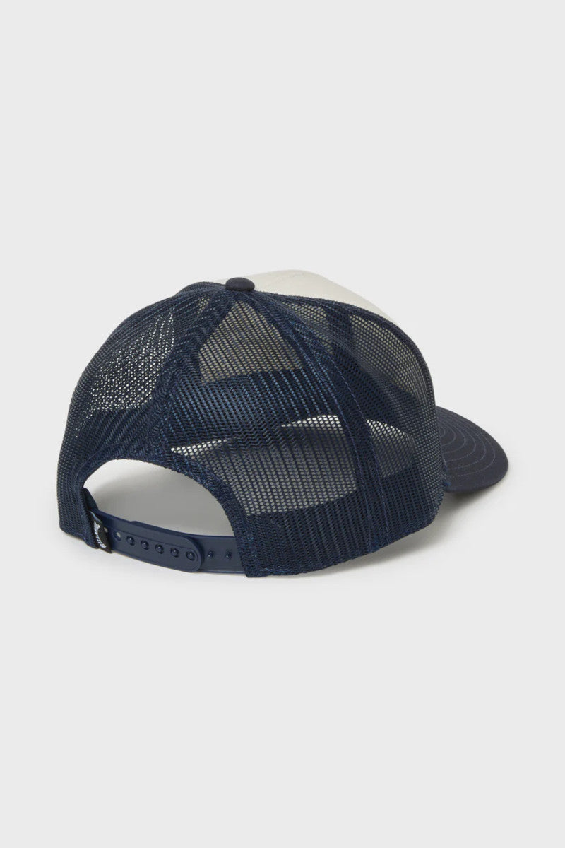 Navy blue and white cap with mesh back on a light gray background