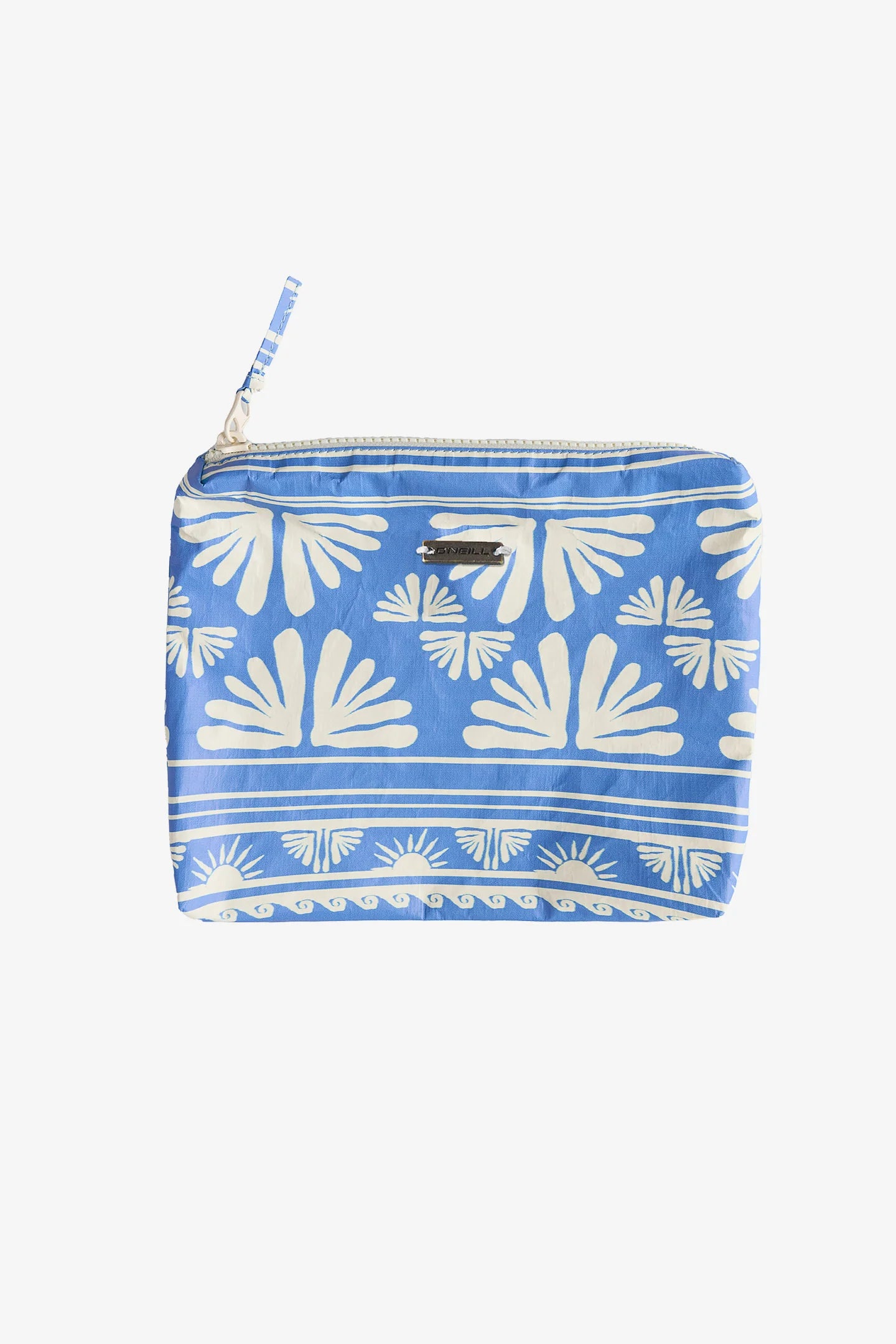 Blue pouch with white pattern on a white background