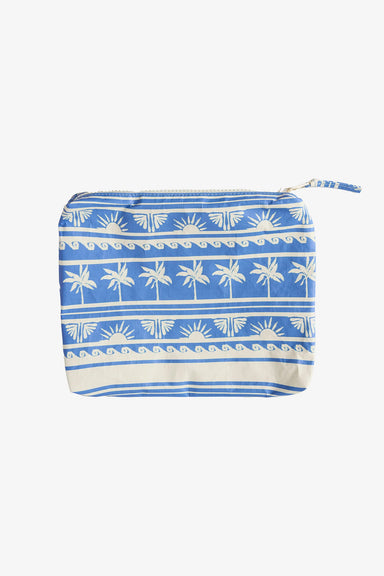 Blue and white patterned pouch on a white background