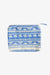 Blue and white patterned pouch on a white background