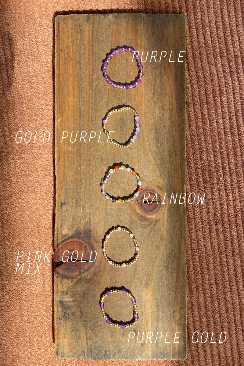beaded rings purple, gold purple, rainbow, pink gold mix, purple gold