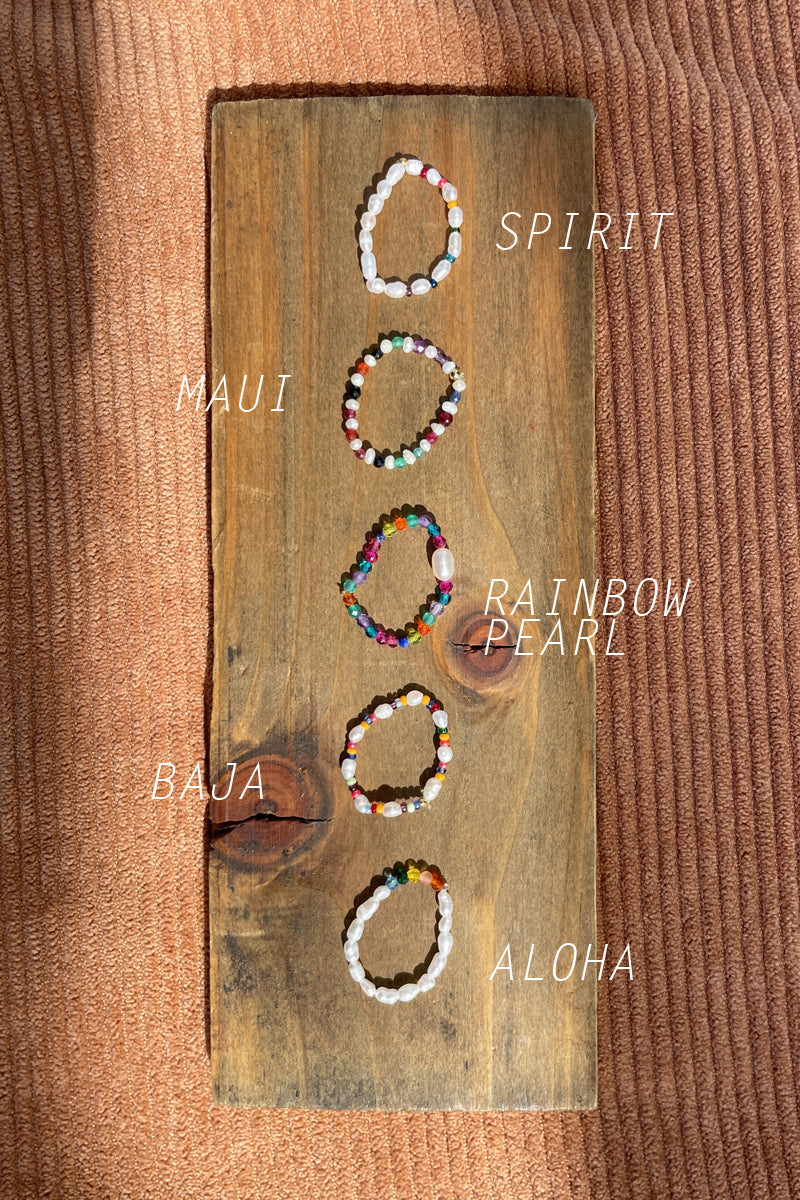 beaded rings spirit, maui, rainbow pearl, baja, aloha