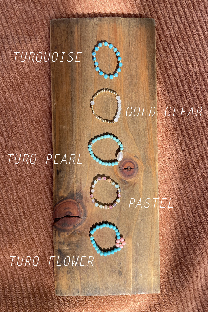 beaded rings turquoise, gold clear, turquoise pearl, pastel, turqoise flower